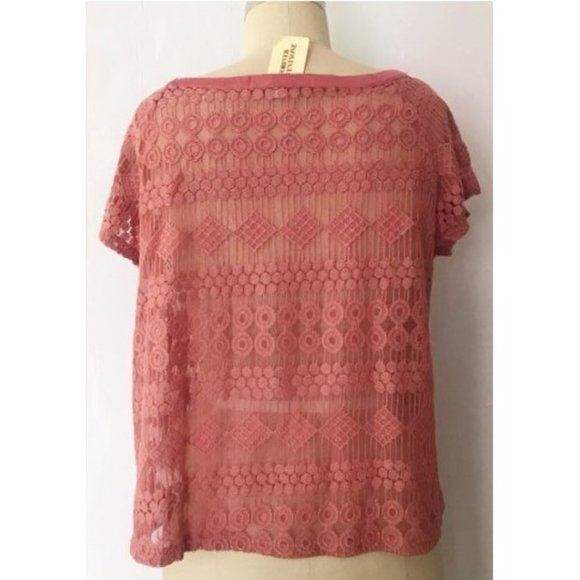 FOREVER 21 CORAL PINK MESH EMBROIDERED GEOMETRIC LACE TOP LARGE NWT - Picture 7 of 8